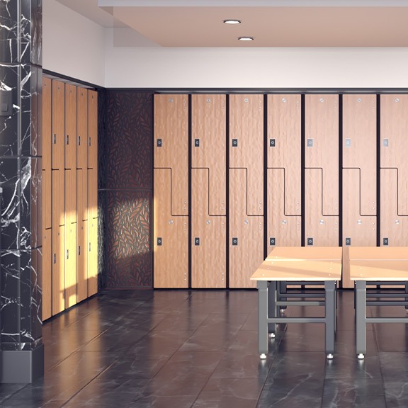 Rendered view of Spectrum Phenolic lockers in an office environment