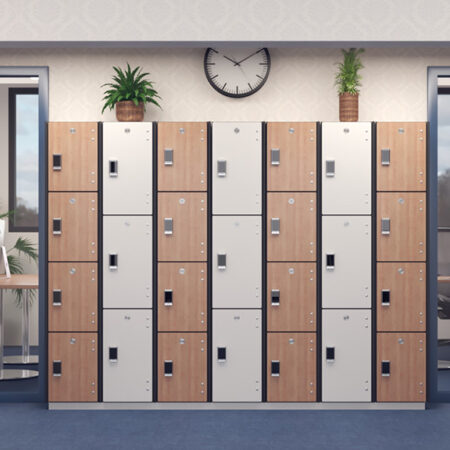 Rendered front view of customized spectrum lockers in office 03