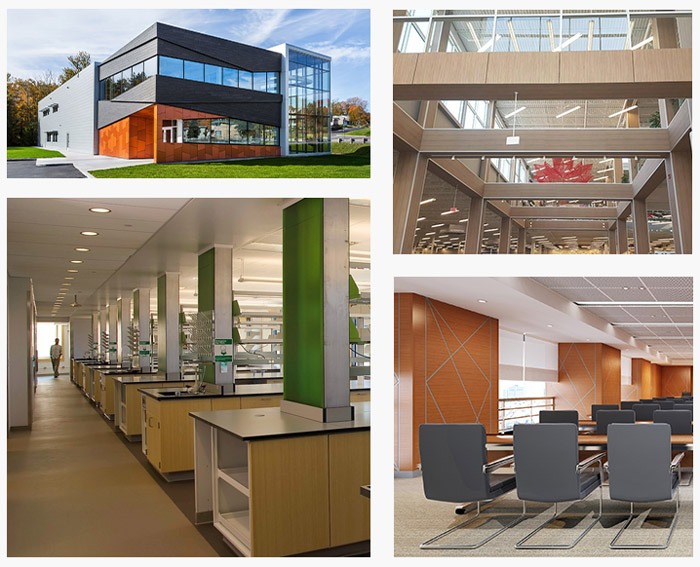 Collage showcasing Spectrum's diverse product lines like Facades, wall linings, and scientific work surfaces