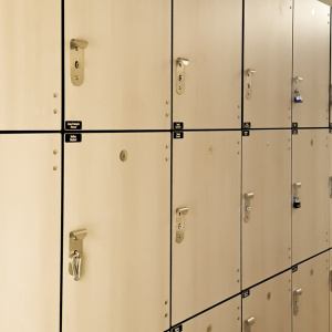 Side-view-of-Phenolic-lockers-with-hasp-lock-in-light-wood-color-02