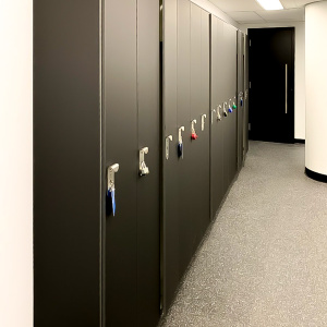 Side view of full size phenolic lockers with hasp lock in black color 02