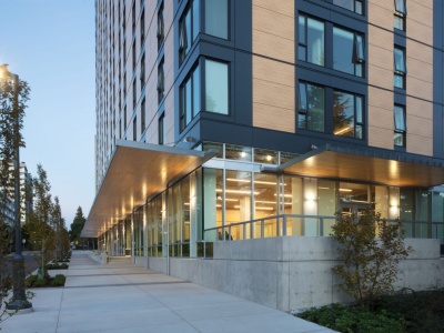 Street level side view of Spectrum Facades on UBC's Brock Commons Student Residence